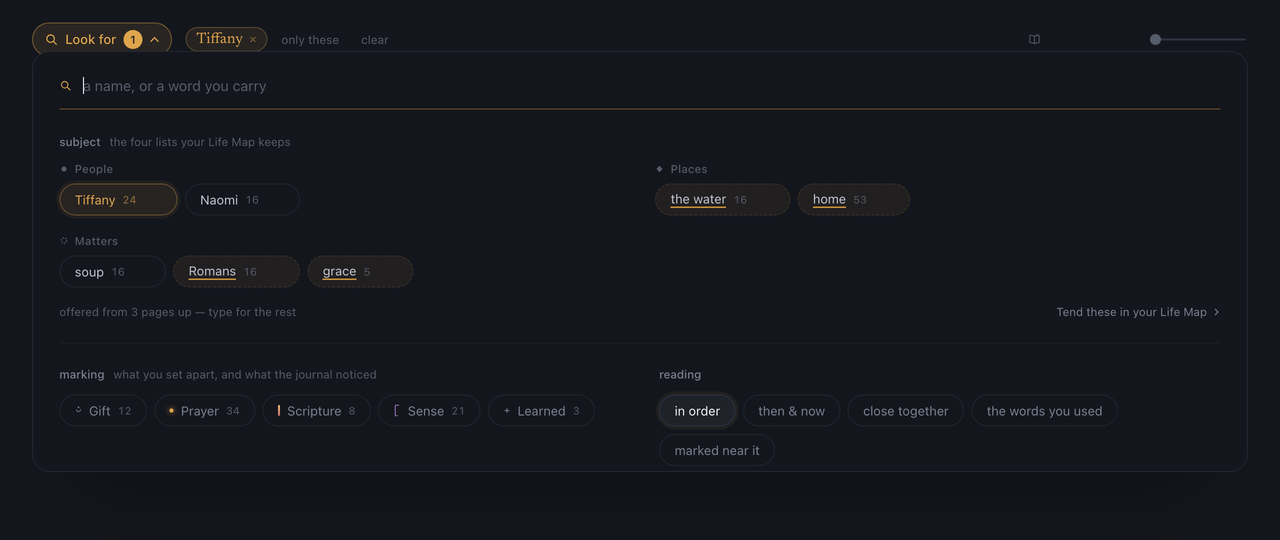 The Dayspring read surface: a wall of journal pages with the 'look for' panel open over it, offering names, places and recurring matters to search by.