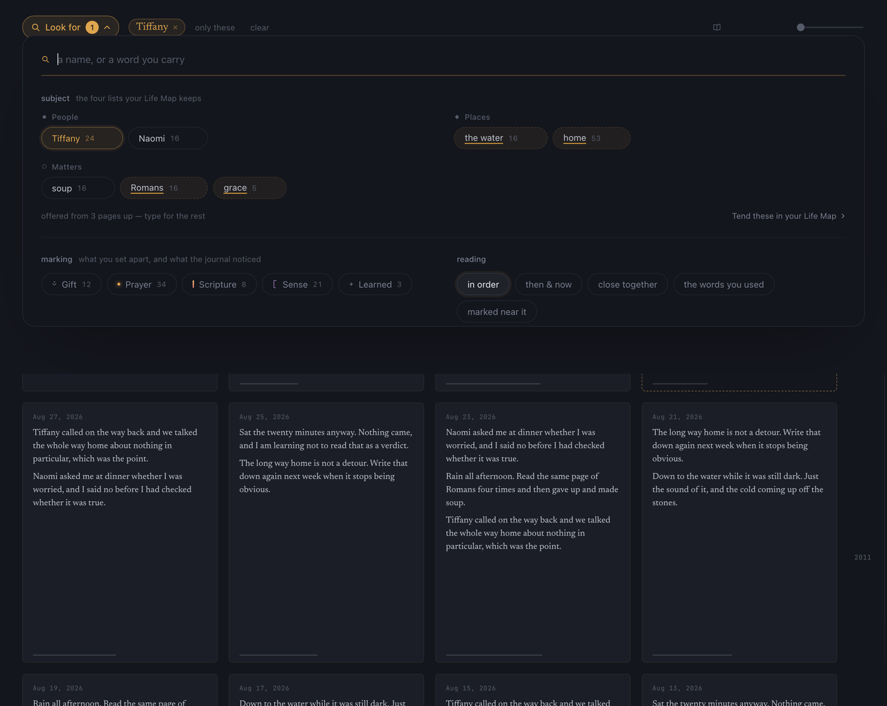 The Dayspring read surface: a wall of journal pages with the 'look for' panel open over it, offering names, places and recurring matters to search by.